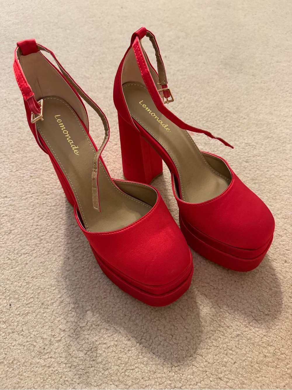 Brand New, Never worn,Lemonade Red Platform Block Heels with Ankle Strap, Size 8